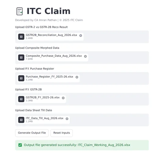 ITC Claim screen showing five file inputs and a generated output working file.